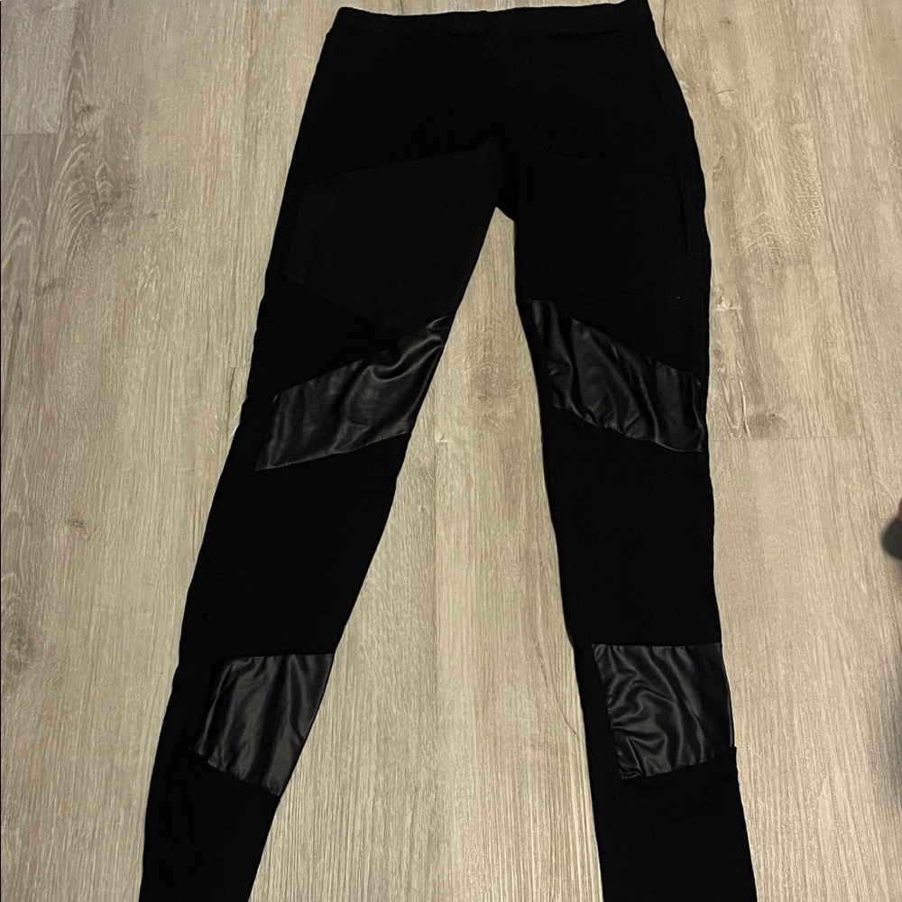 Black Leggings with Faux Leather Accents